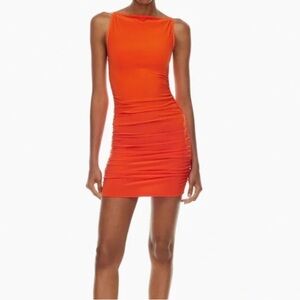 NWT Aritzia Babaton Hot Cheeky Red Sentiment Dress Sleeveless Orange Ruched